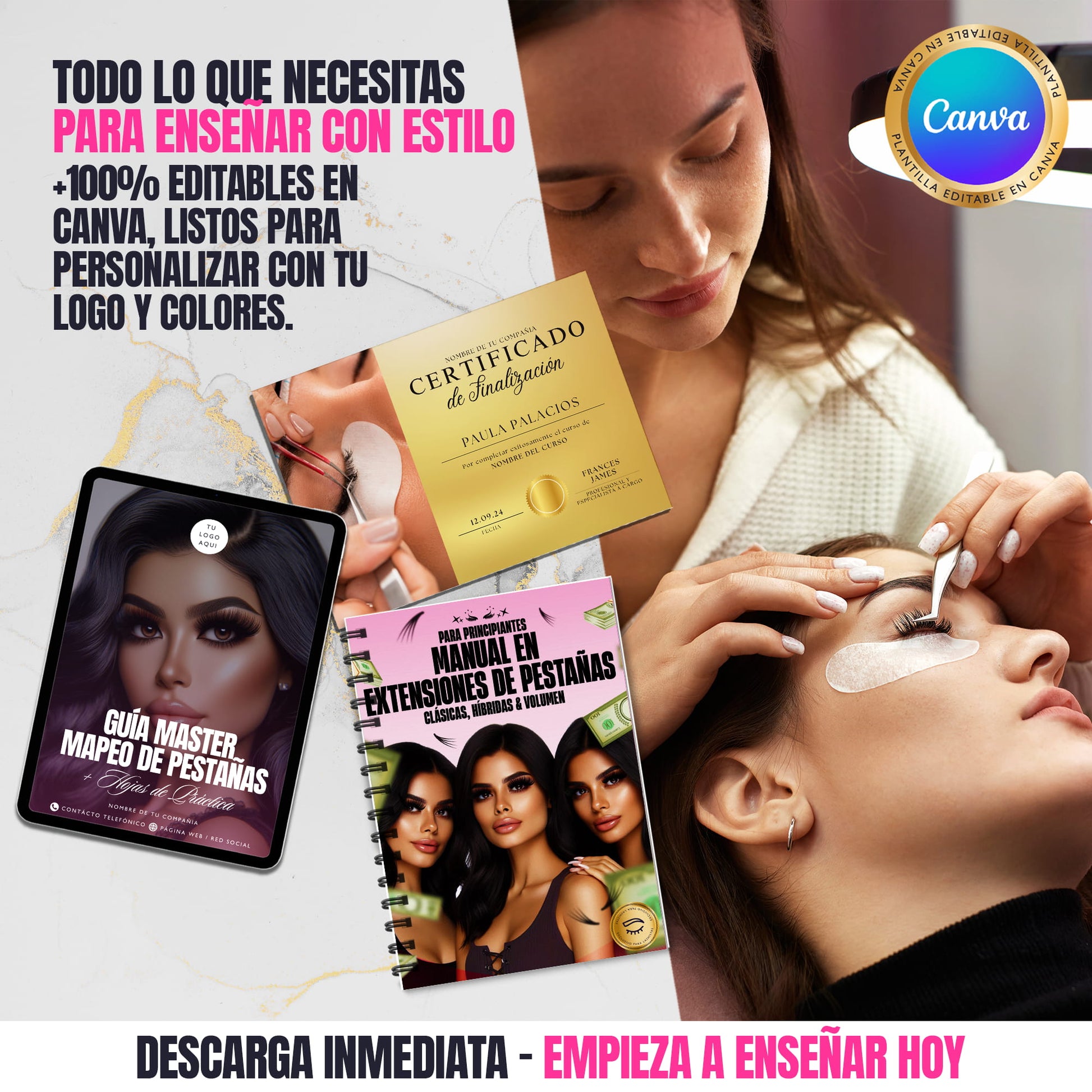 Kit completo editable en Canva para cursos de extensiones de pestañas, con manual digital, guía de mapeo y certificados listos para imprimir.