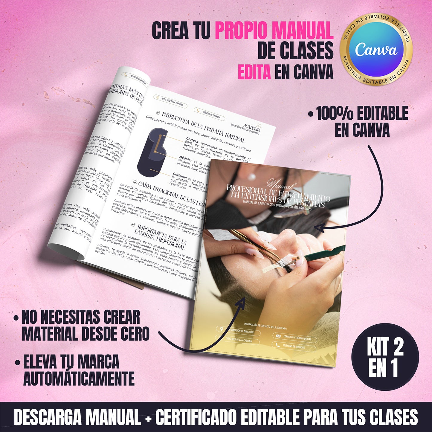Kit de Entrenamiento Luxury para Academias y Educadoras · Manual en Extensiones de Pestañas + Certificado Editable en Canva