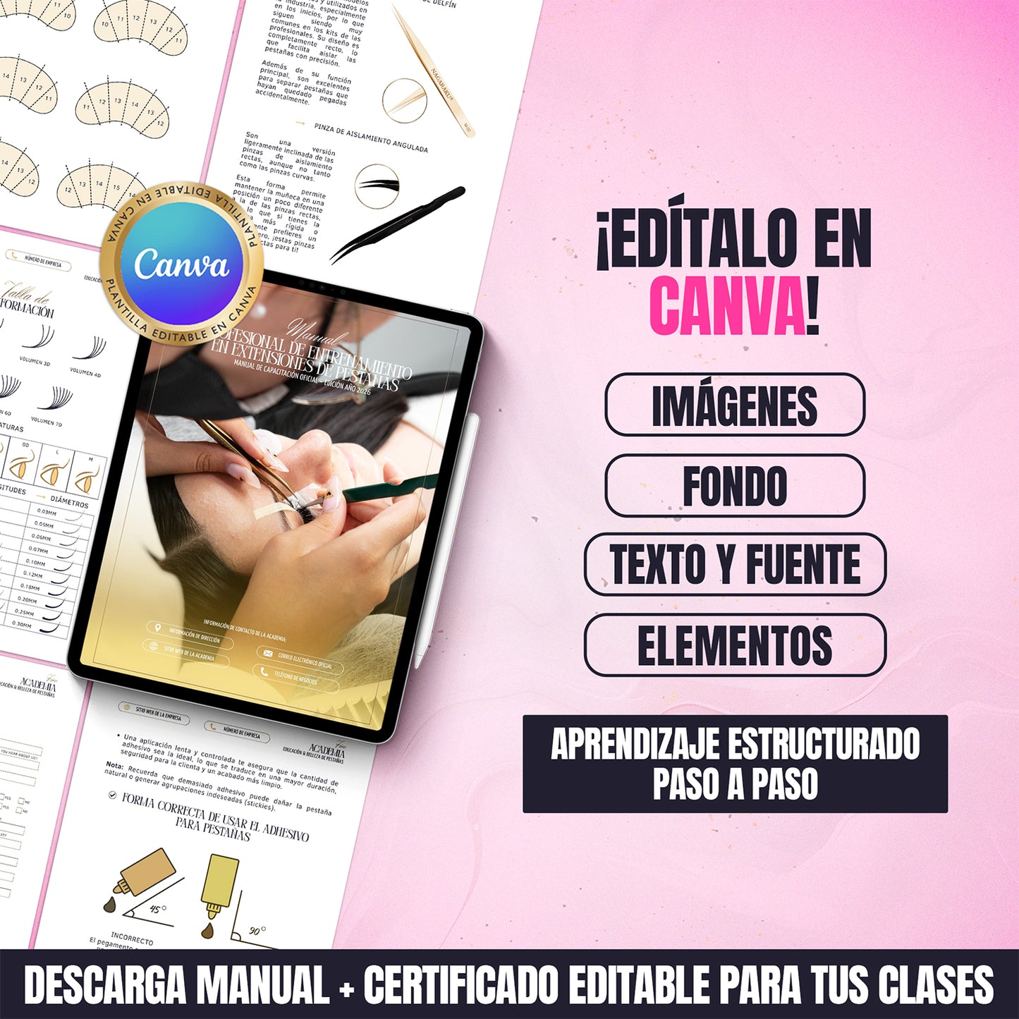 Kit de Entrenamiento Luxury para Academias y Educadoras · Manual en Extensiones de Pestañas + Certificado Editable en Canva