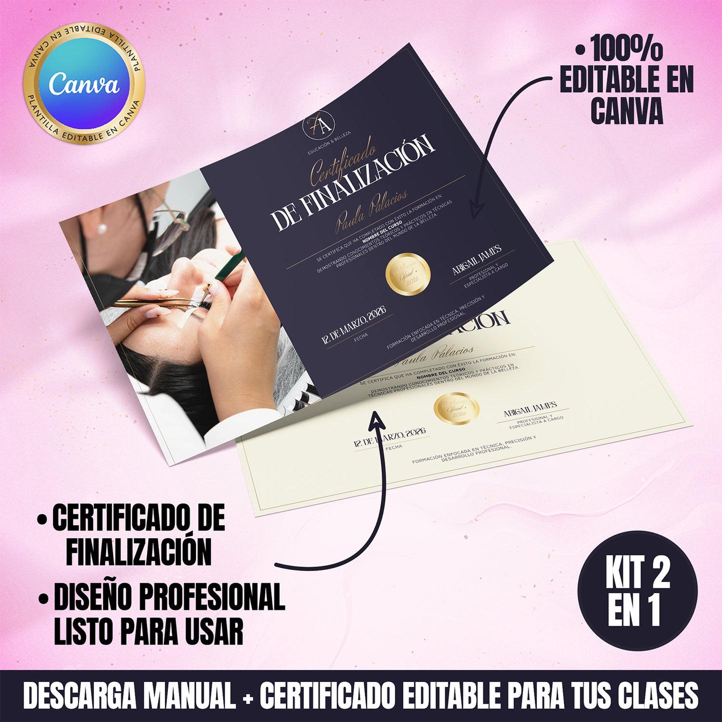 Kit de Entrenamiento Luxury para Academias y Educadoras · Manual en Extensiones de Pestañas + Certificado Editable en Canva