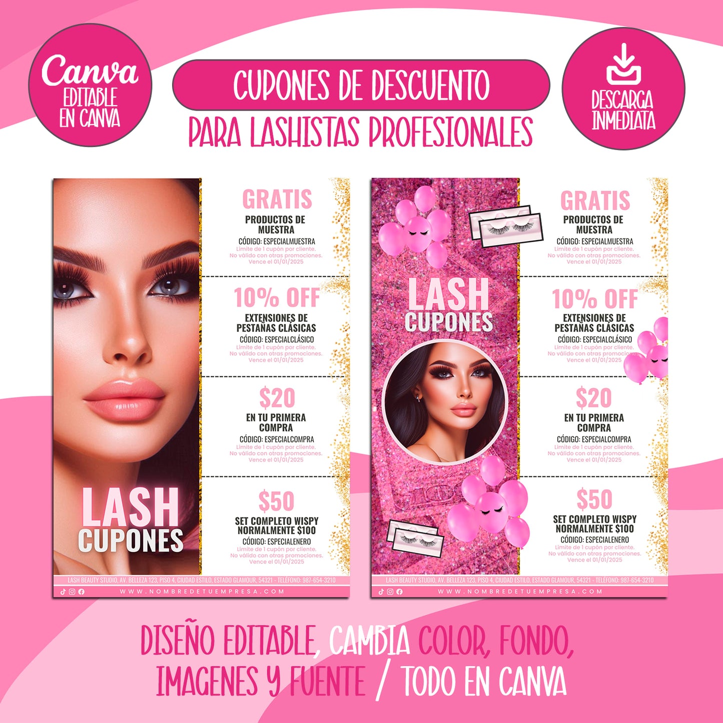 Paquete digital editable para salón de pestañas con cupones, registro de cliente, formularios de consentimiento y tarjeta de presentación, ideal para lashistas profesionales.