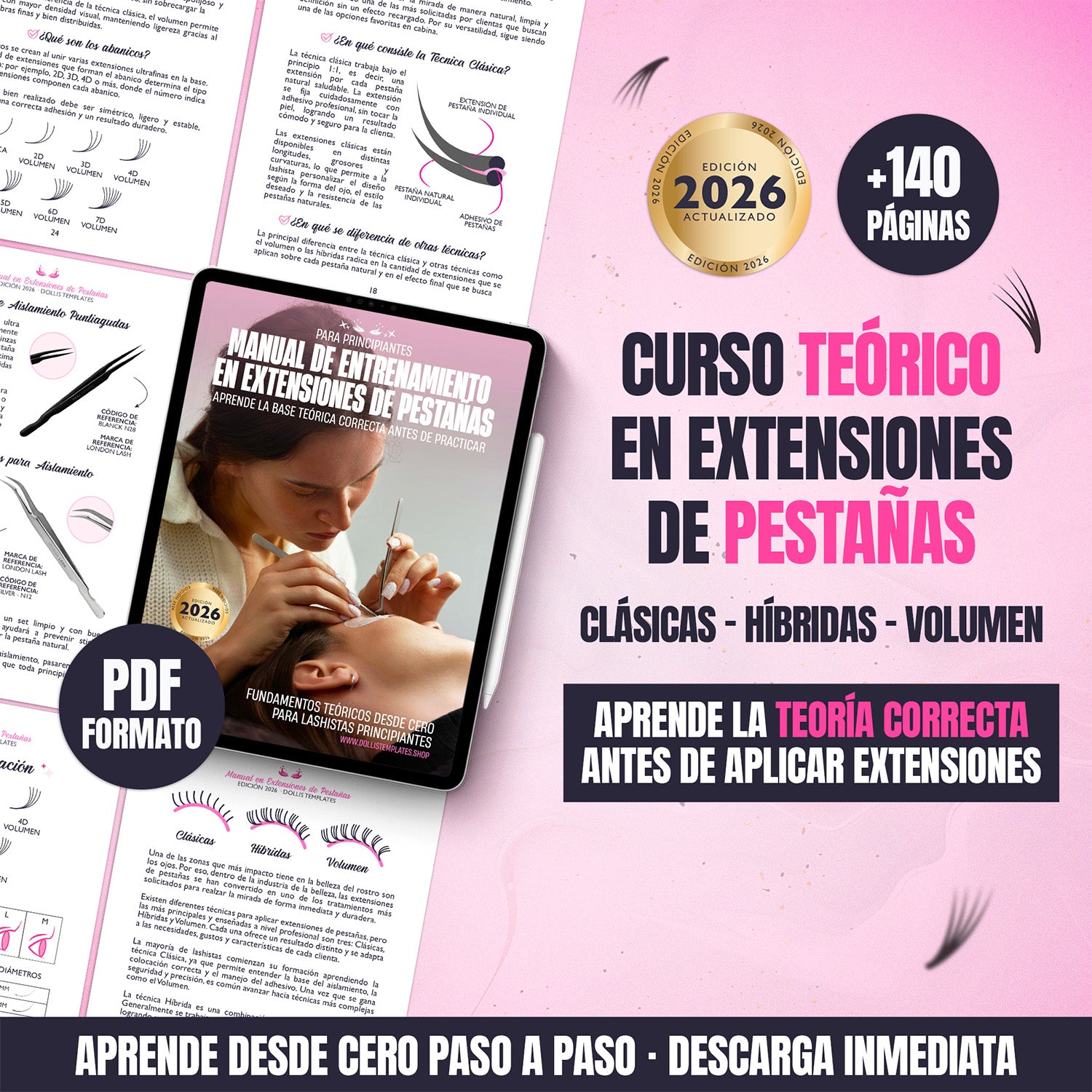 Curso teórico de extensiones de pestañas para principiantes en formato PDF con teoría visual sobre pestañas clásicas, híbridas y volumen.