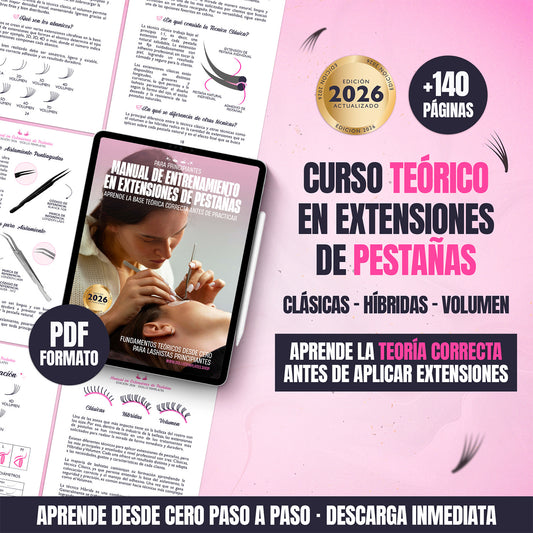 Curso teórico de extensiones de pestañas para principiantes en formato PDF con teoría visual sobre pestañas clásicas, híbridas y volumen.