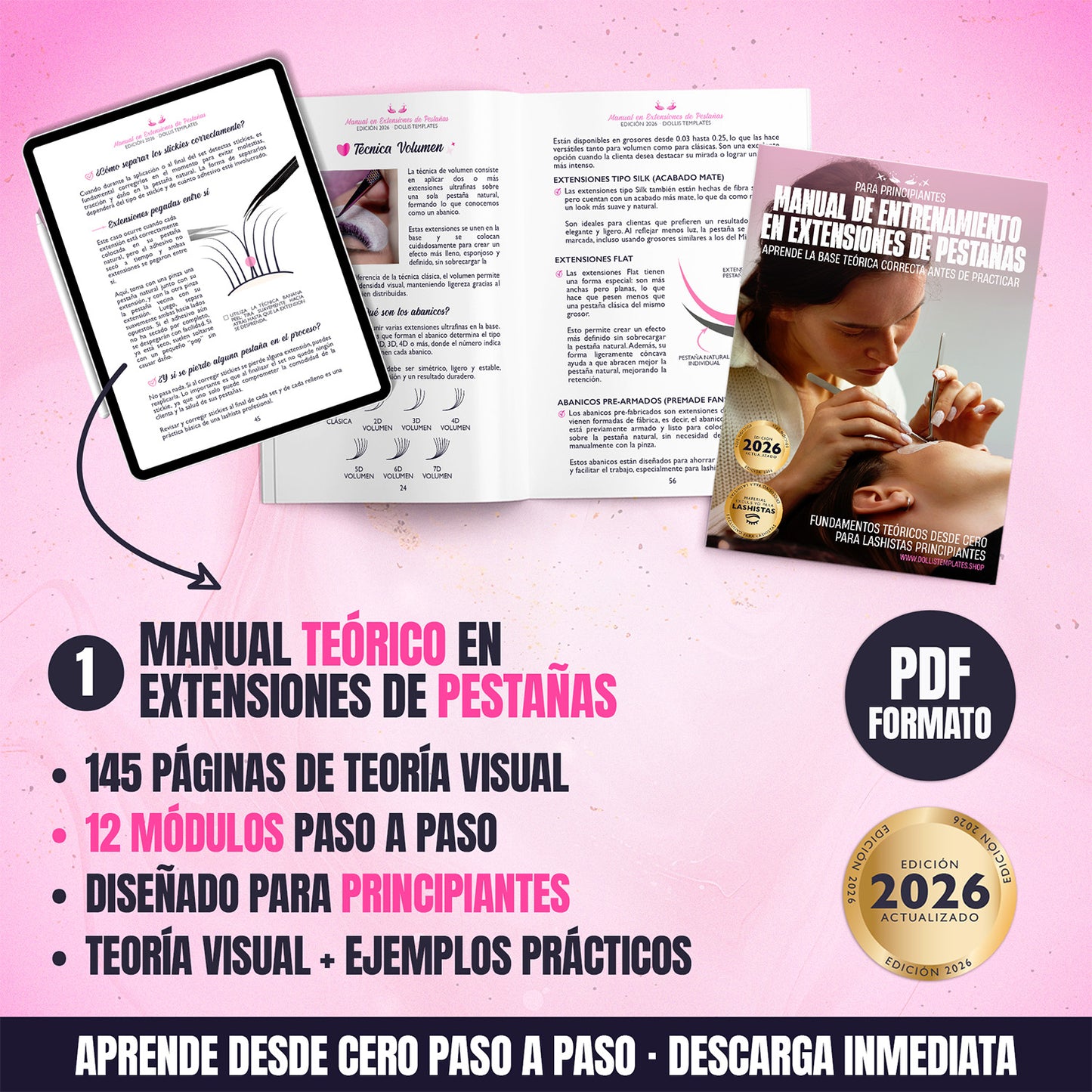 Curso teórico de extensiones de pestañas para principiantes en formato PDF con teoría visual sobre pestañas clásicas, híbridas y volumen.