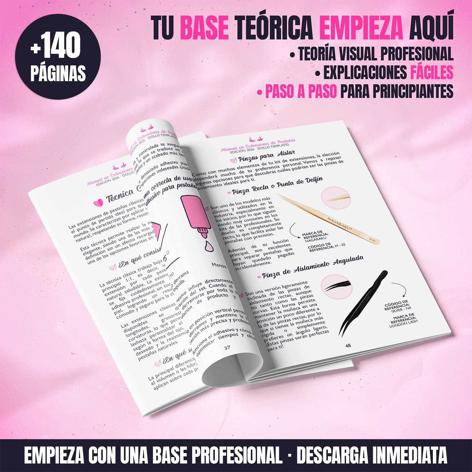 Curso teórico de extensiones de pestañas para principiantes en formato PDF con teoría visual sobre pestañas clásicas, híbridas y volumen.