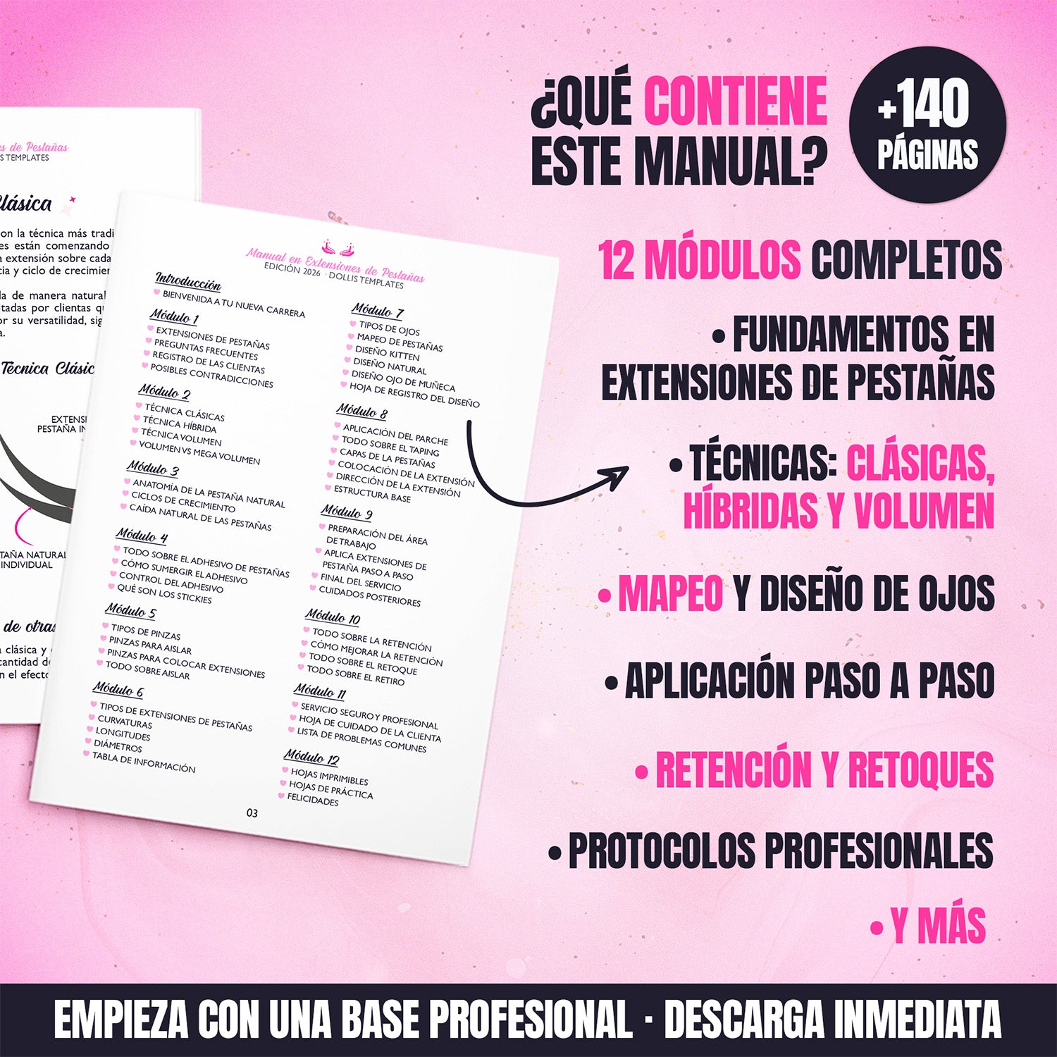 Curso teórico de extensiones de pestañas para principiantes en formato PDF con teoría visual sobre pestañas clásicas, híbridas y volumen.