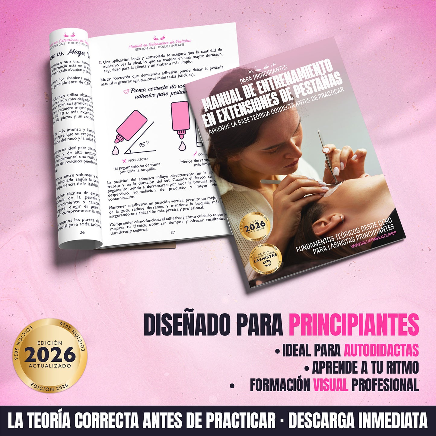 Curso teórico de extensiones de pestañas para principiantes en formato PDF con teoría visual sobre pestañas clásicas, híbridas y volumen.