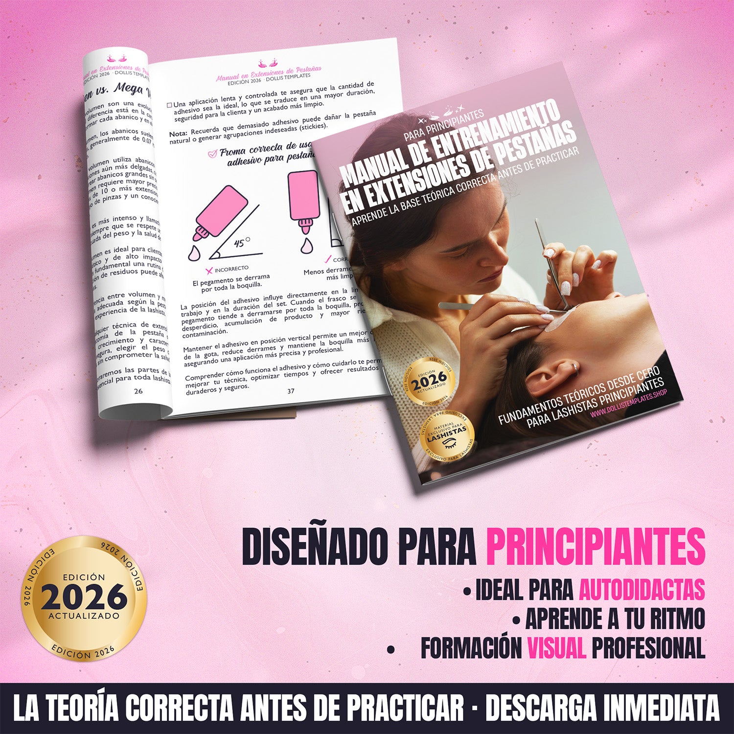 Curso teórico de extensiones de pestañas para principiantes en formato PDF con teoría visual sobre pestañas clásicas, híbridas y volumen.