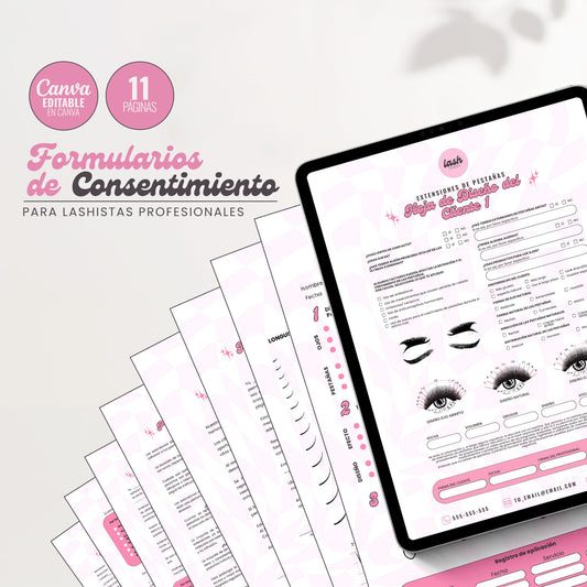 Imagen de los “Formularios de Consentimiento para Lashistas Profesionales” con 11 páginas editables en Canva. Incluye hojas de diseño del cliente y formularios detallados para brindar un servicio seguro y profesional.