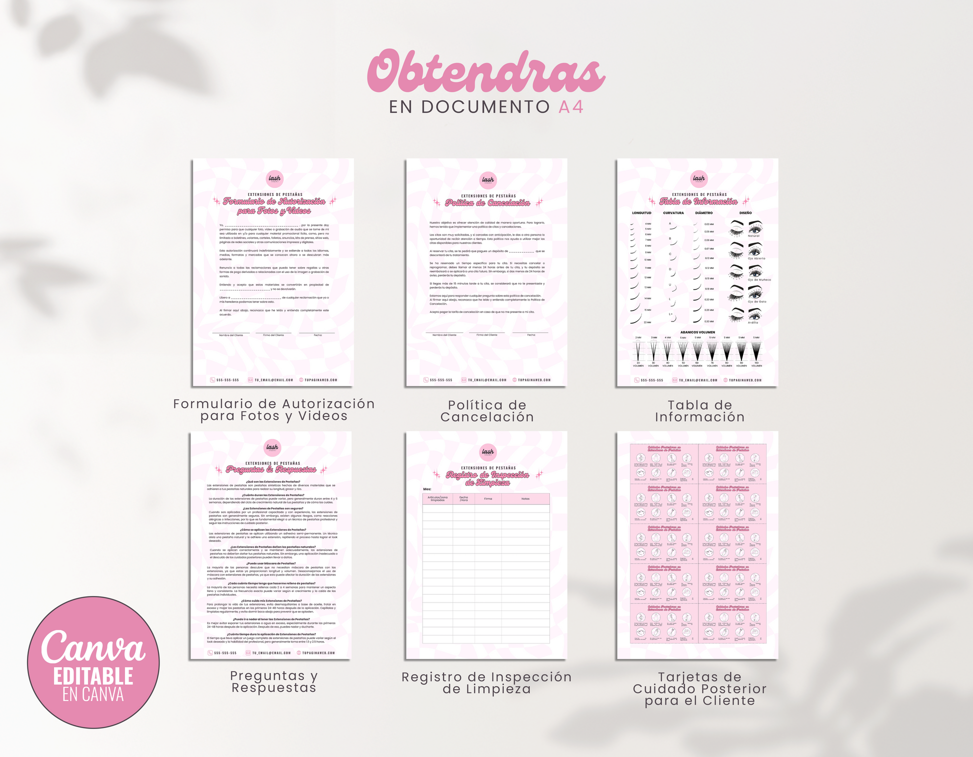  Imagen de los “Formularios de Consentimiento para Lashistas Profesionales” con 11 páginas editables en Canva. Incluye hojas de diseño del cliente y formularios detallados para brindar un servicio seguro y profesional.