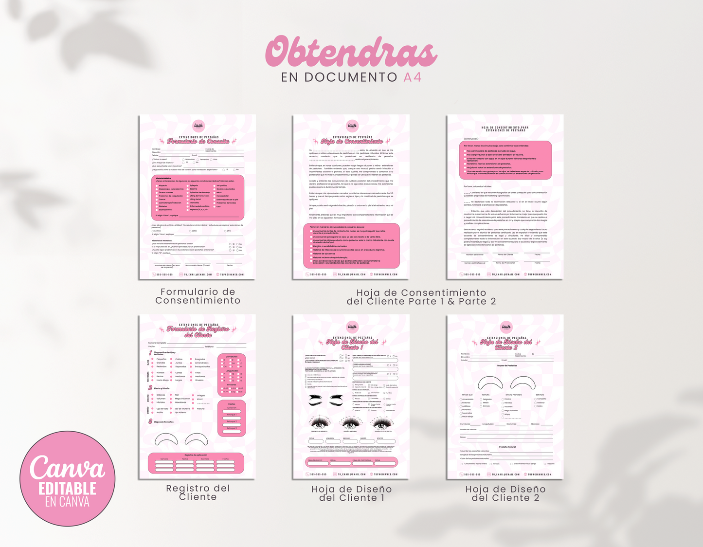  Imagen de los “Formularios de Consentimiento para Lashistas Profesionales” con 11 páginas editables en Canva. Incluye hojas de diseño del cliente y formularios detallados para brindar un servicio seguro y profesional.