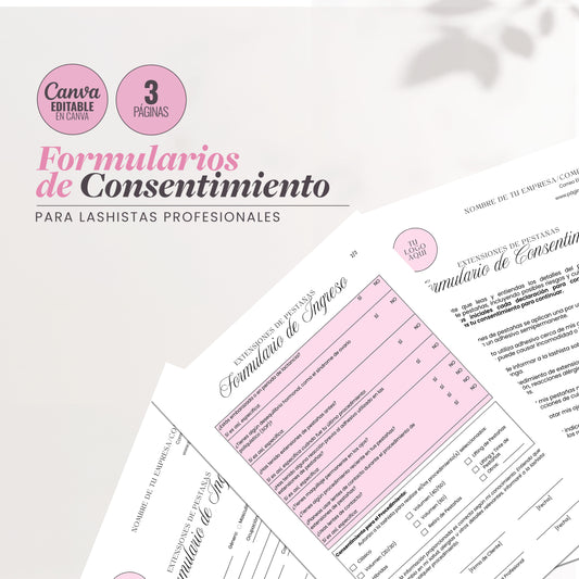 Imagen de los Formularios de Consentimiento para Lashistas Profesionales de Dollis Templates. Incluyen ingreso, consentimiento y evaluación, editables en Canva y disponibles para descarga inmediata.