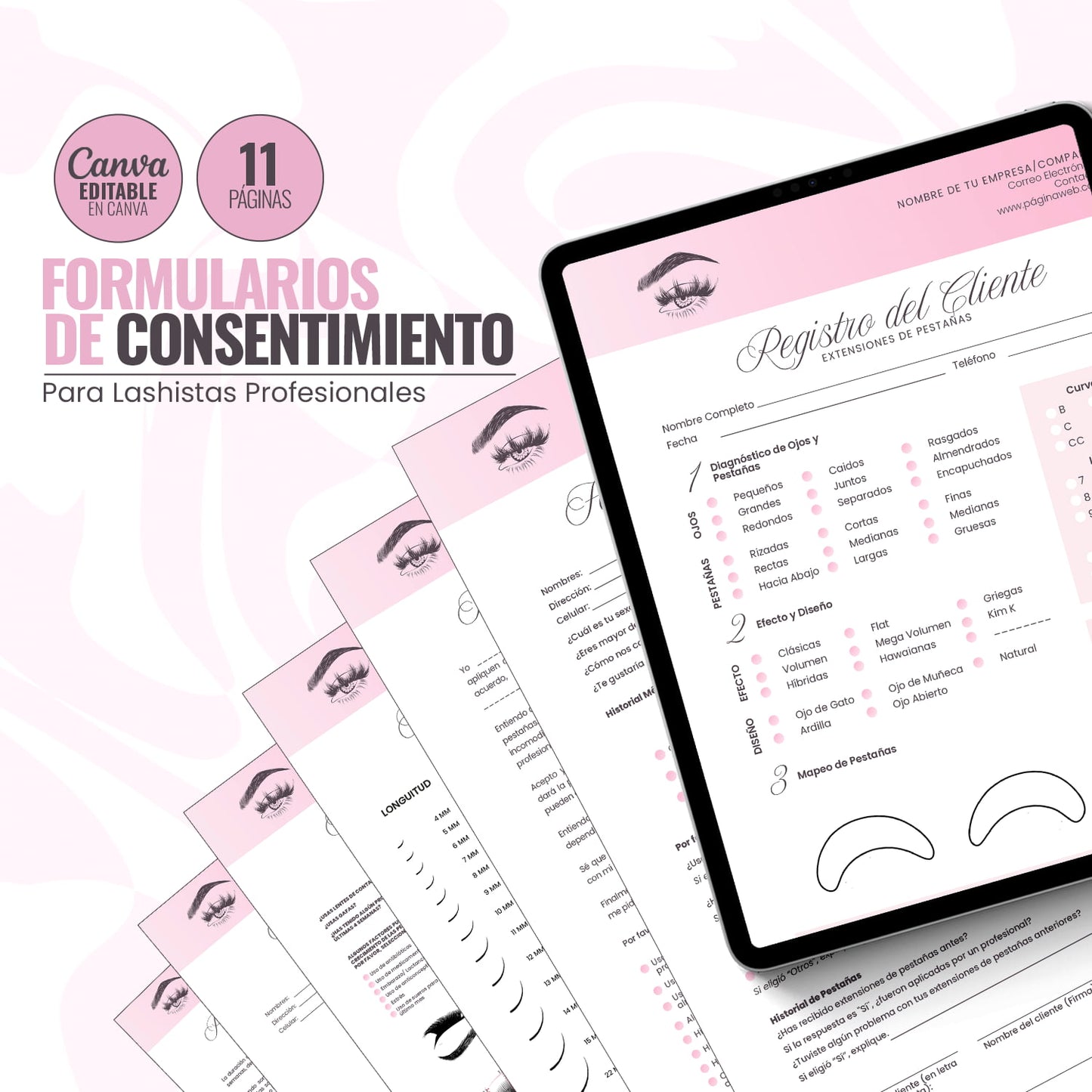 Paquete de formularios de consentimiento para lashistas profesionales. Incluye 11 páginas editables en Canva para registro de clientes y fichas de seguridad.