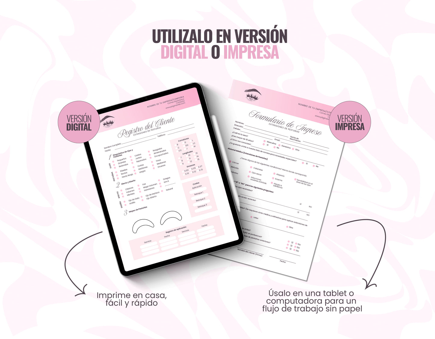 Paquete de formularios de consentimiento para lashistas profesionales. Incluye 11 páginas editables en Canva para registro de clientes y fichas de seguridad.