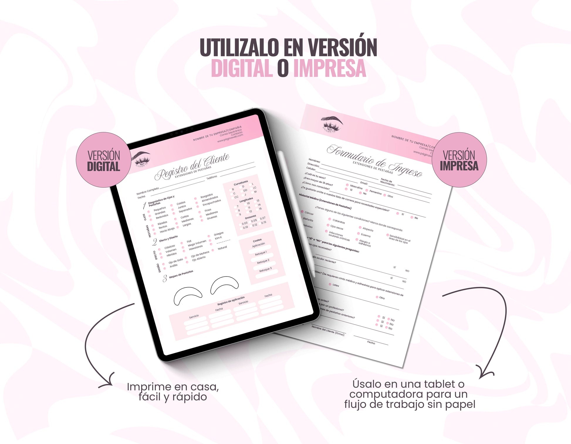 Paquete de formularios de consentimiento para lashistas profesionales. Incluye 11 páginas editables en Canva para registro de clientes y fichas de seguridad.