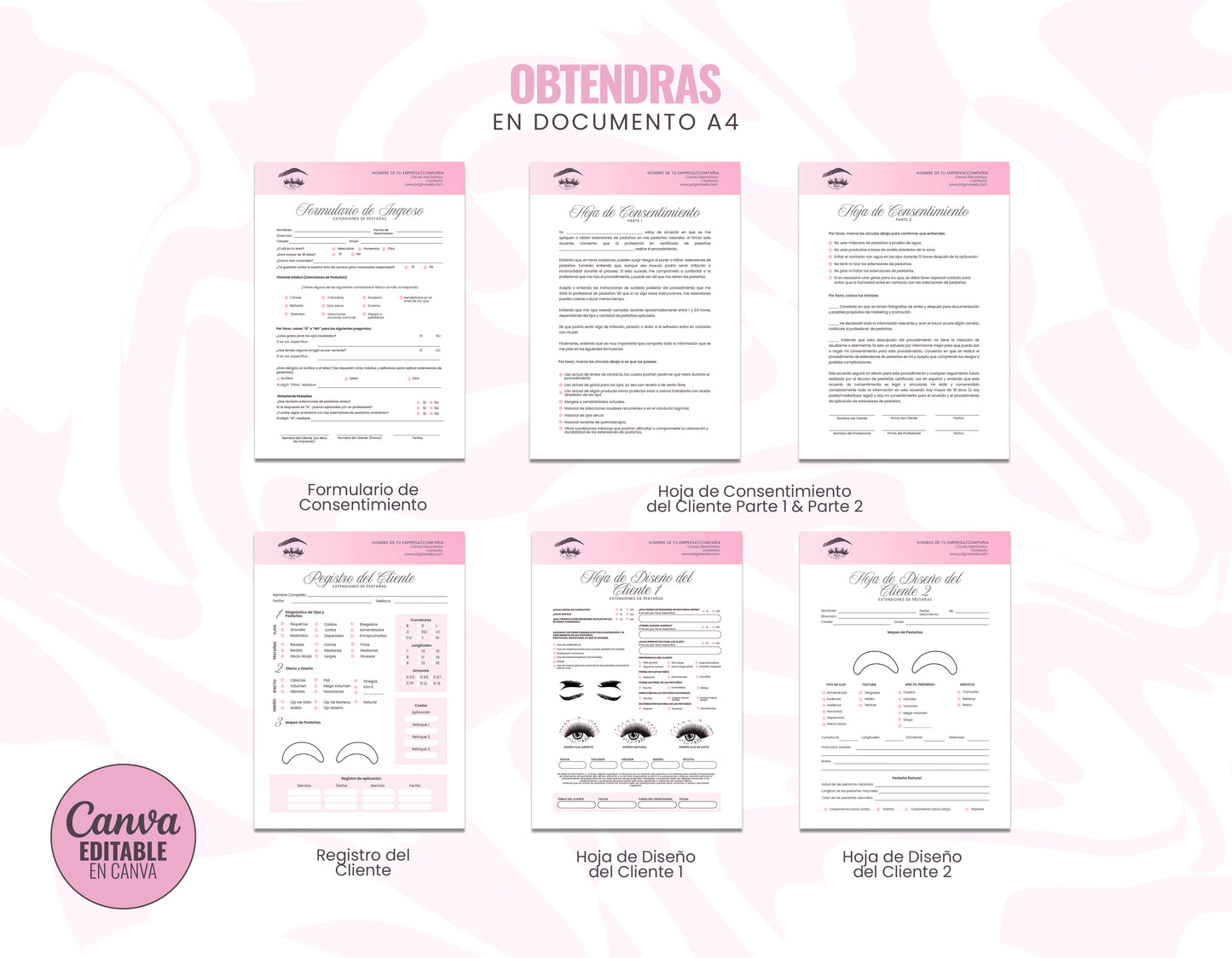 Paquete de formularios de consentimiento para lashistas profesionales. Incluye 11 páginas editables en Canva para registro de clientes y fichas de seguridad.