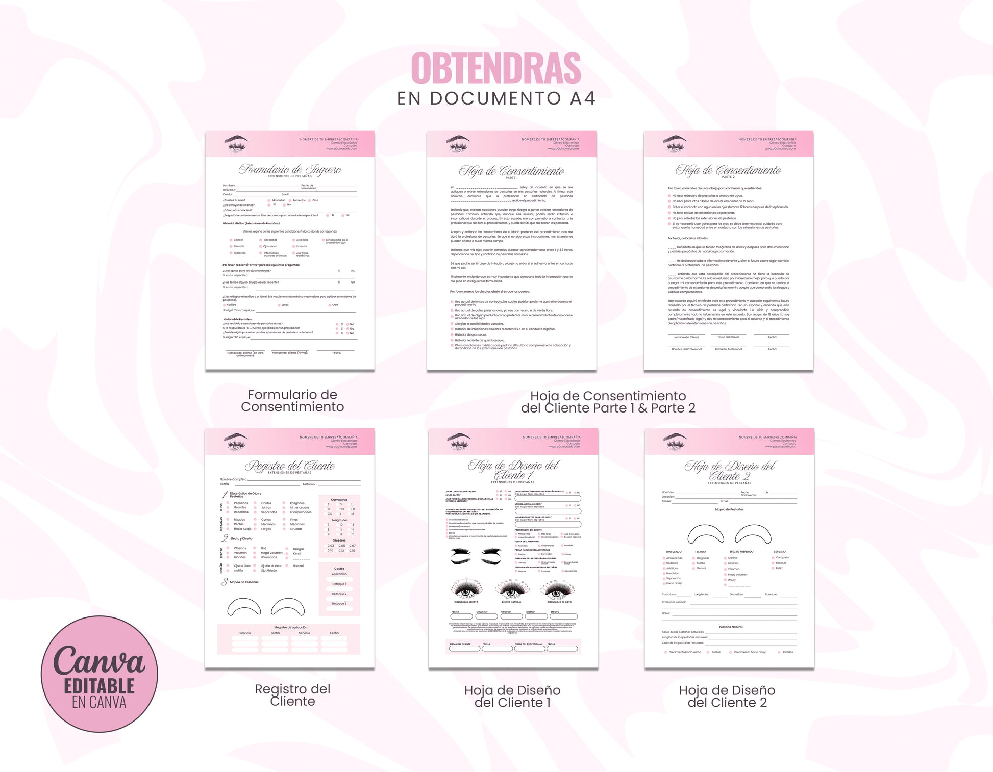 Paquete de formularios de consentimiento para lashistas profesionales. Incluye 11 páginas editables en Canva para registro de clientes y fichas de seguridad.
