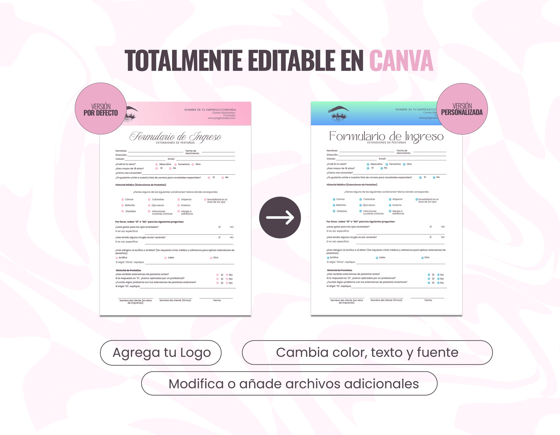 Paquete de formularios de consentimiento para lashistas profesionales. Incluye 11 páginas editables en Canva para registro de clientes y fichas de seguridad.