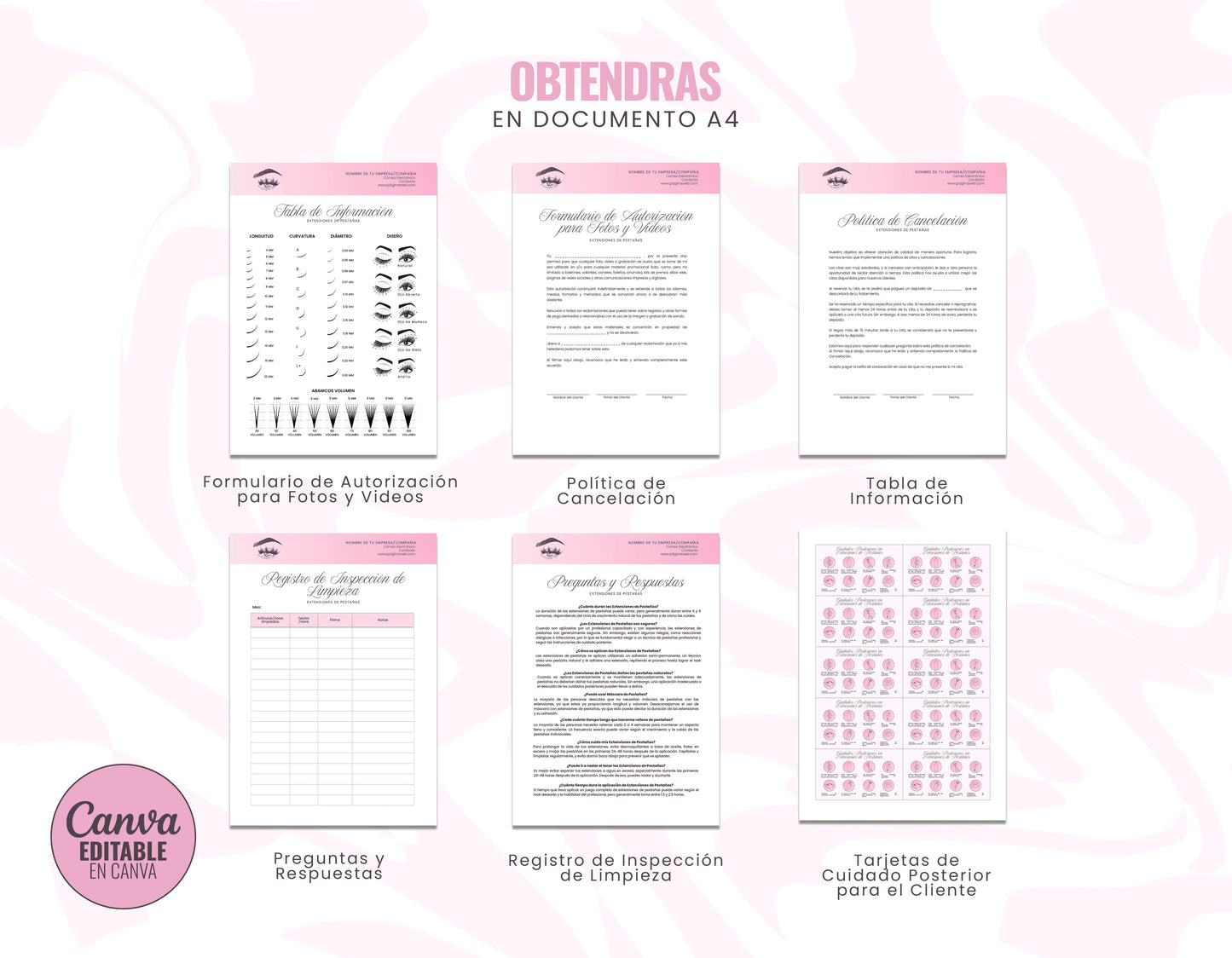 Paquete de formularios de consentimiento para lashistas profesionales. Incluye 11 páginas editables en Canva para registro de clientes y fichas de seguridad.