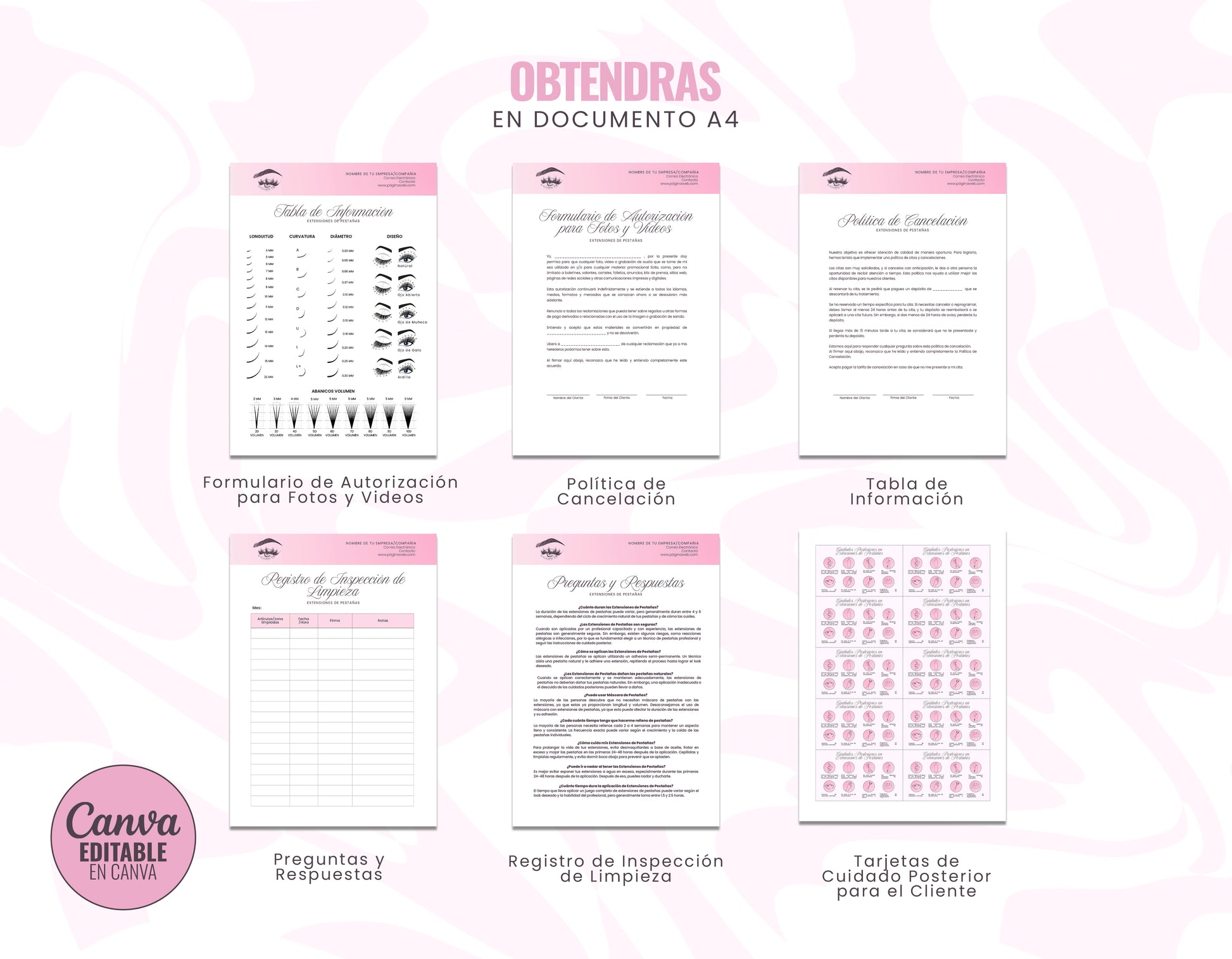 Paquete de formularios de consentimiento para lashistas profesionales. Incluye 11 páginas editables en Canva para registro de clientes y fichas de seguridad.