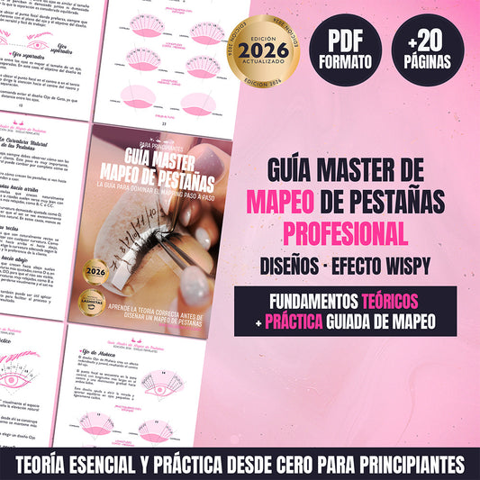 Portada de la Guía Master de Mapeo de Pestañas Edición 2026 en formato PDF, con teoría esencial, diseños profesionales y efecto wispy, ideal para principiantes y autodidactas.