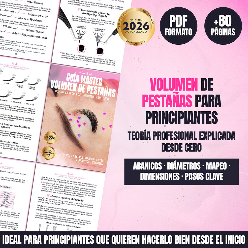 Guía Master Volumen de Pestañas para principiantes edición 2026 en formato PDF, con más de 80 páginas de teoría profesional, abanicos, diámetros, mapeo y técnica de volumen explicada desde cero.