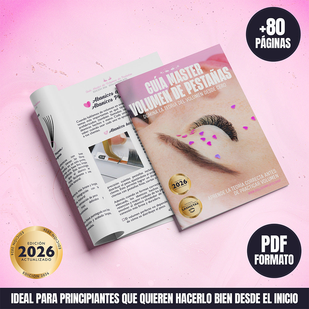 Guía Master Volumen de Pestañas para principiantes edición 2026 en formato PDF, con más de 80 páginas de teoría profesional, abanicos, diámetros, mapeo y técnica de volumen explicada desde cero.
