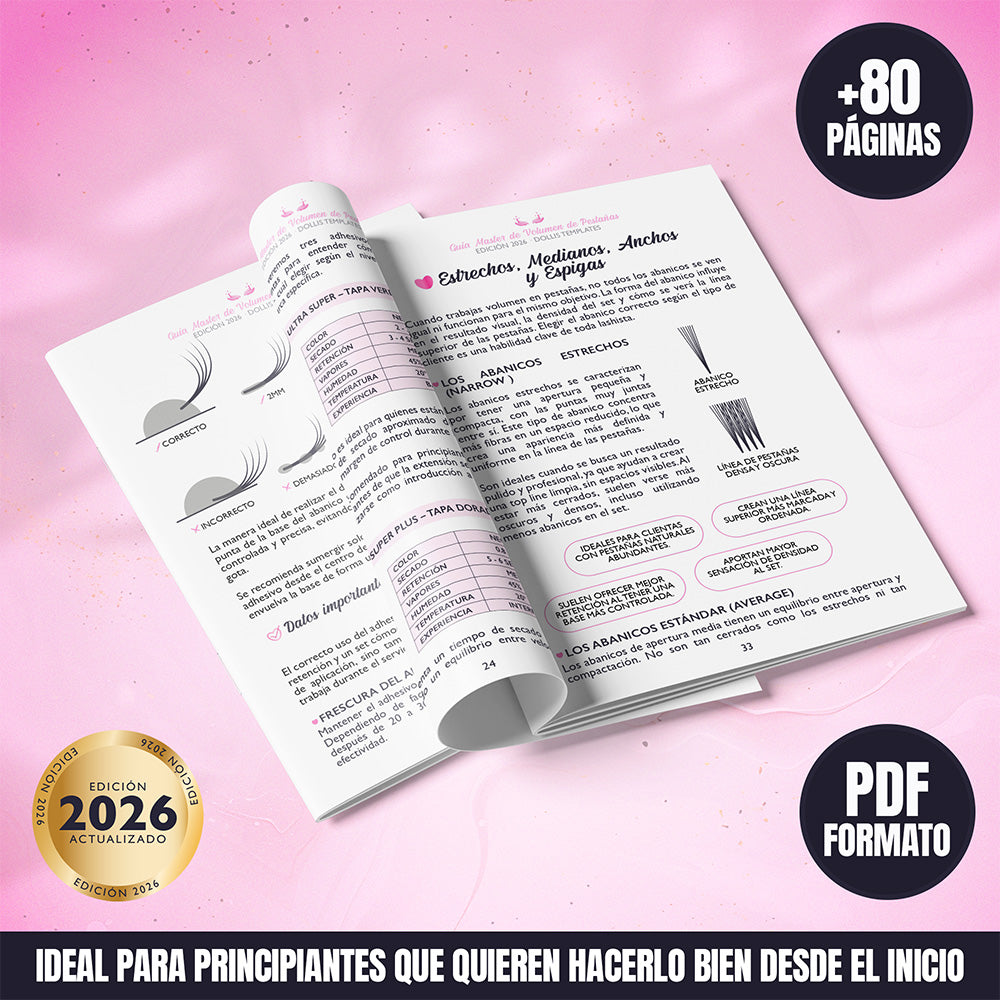 Guía Master Volumen de Pestañas para principiantes edición 2026 en formato PDF, con más de 80 páginas de teoría profesional, abanicos, diámetros, mapeo y técnica de volumen explicada desde cero.