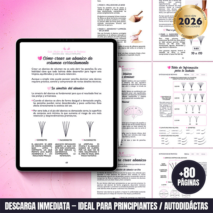 Guía Master Volumen de Pestañas para principiantes edición 2026 en formato PDF, con más de 80 páginas de teoría profesional, abanicos, diámetros, mapeo y técnica de volumen explicada desde cero.