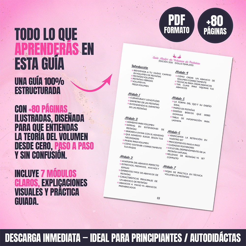 Guía Master Volumen de Pestañas para principiantes edición 2026 en formato PDF, con más de 80 páginas de teoría profesional, abanicos, diámetros, mapeo y técnica de volumen explicada desde cero.