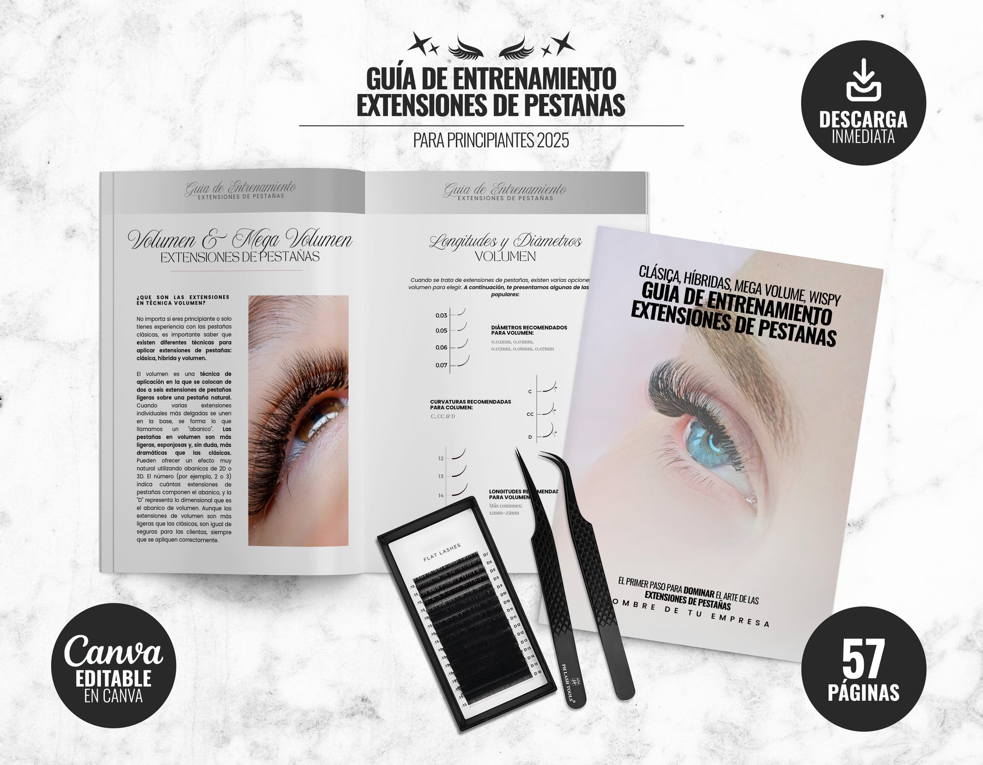 Imagen del pack digital “Guía de Entrenamiento en Extensiones de Pestañas” para principiantes. Incluye un manual editable en Canva con 57 páginas, hojas de práctica de mapeo y herramientas esenciales para aprender sobre volumen, mega volumen y técnicas híbridas. Disponible para descarga inmediata.