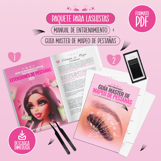 Paquete Digital para Lashistas Principiantes contiene Guía Master de Mapeo de Pestañas 2025 + Manual de Entrenamiento de Extensiones de Pestañas 2025 ¡Descárgalo ahora!