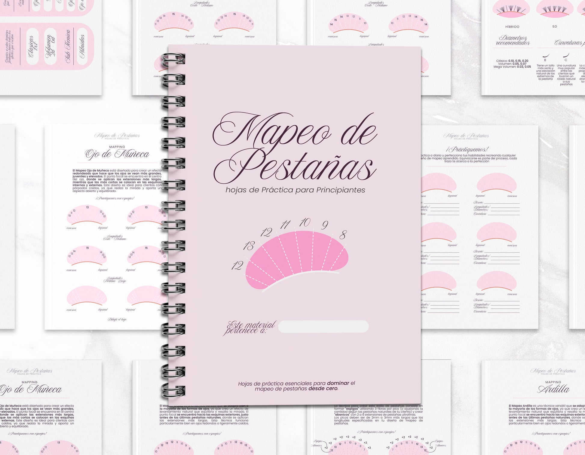 Hojas de práctica de mapeo de pestañas para principiantes 2025. Incluye estilos como ojo de gato y wispy. Descarga en formato PDF, ideal para lashistas principiantes.