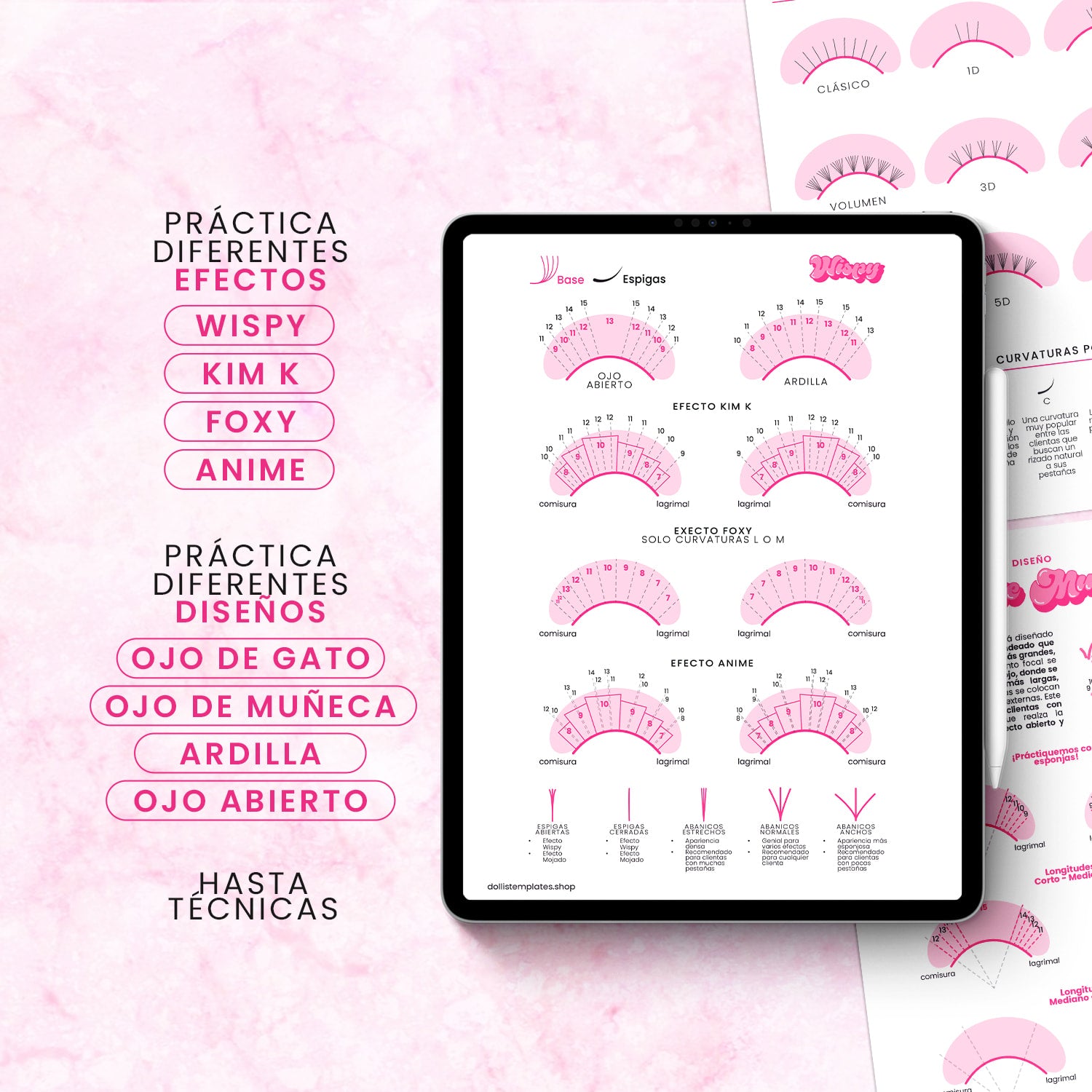 Hojas de práctica de mapeo de pestañas en PDF para principiantes, incluye diseños y efectos de pestañas en tendencia 2025, lista para imprimir y practicar.