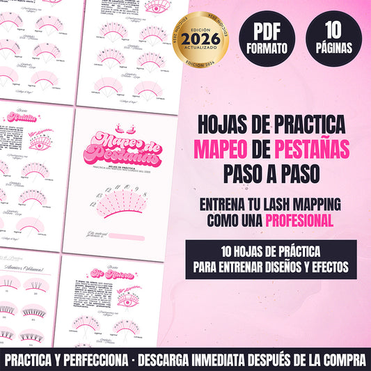 Hojas de práctica de mapeo de pestañas para entrenar diseños de lash mapping paso a paso – PDF con 10 hojas de práctica para extensiones de pestañas.