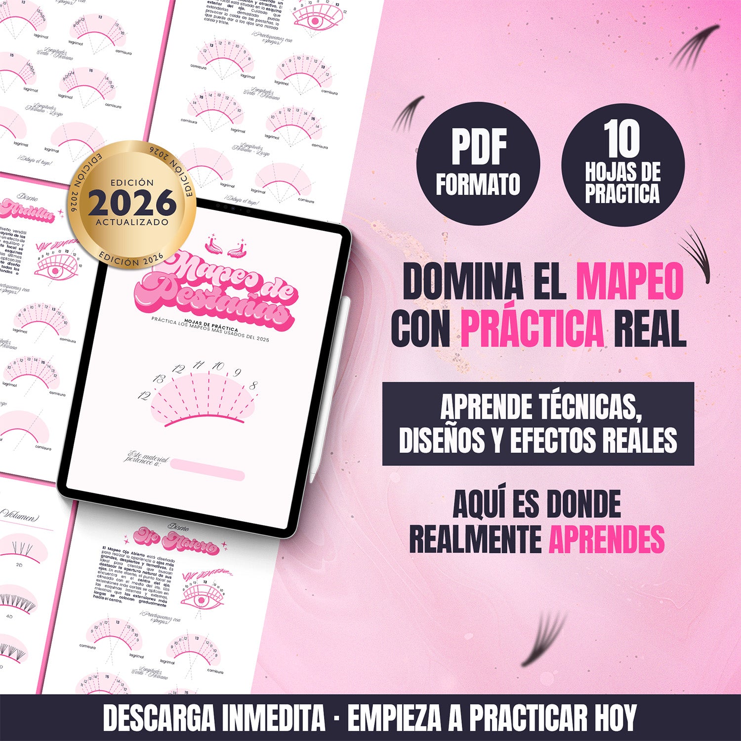 Hojas de práctica de mapeo de pestañas en PDF para principiantes con ejercicios de diseños, técnicas y efectos para aprender extensiones de pestañas
