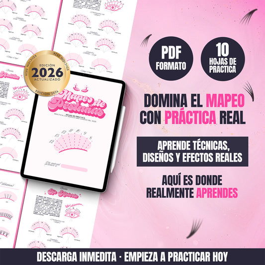 Hojas de práctica de mapeo de pestañas en PDF para principiantes con ejercicios de diseños, técnicas y efectos para aprender extensiones de pestañas
