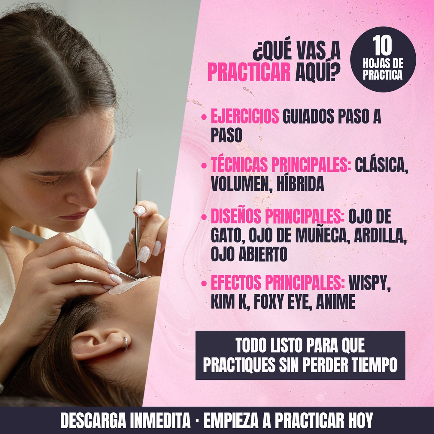 Hojas de práctica de mapeo de pestañas en PDF para principiantes con ejercicios de diseños, técnicas y efectos para aprender extensiones de pestañas