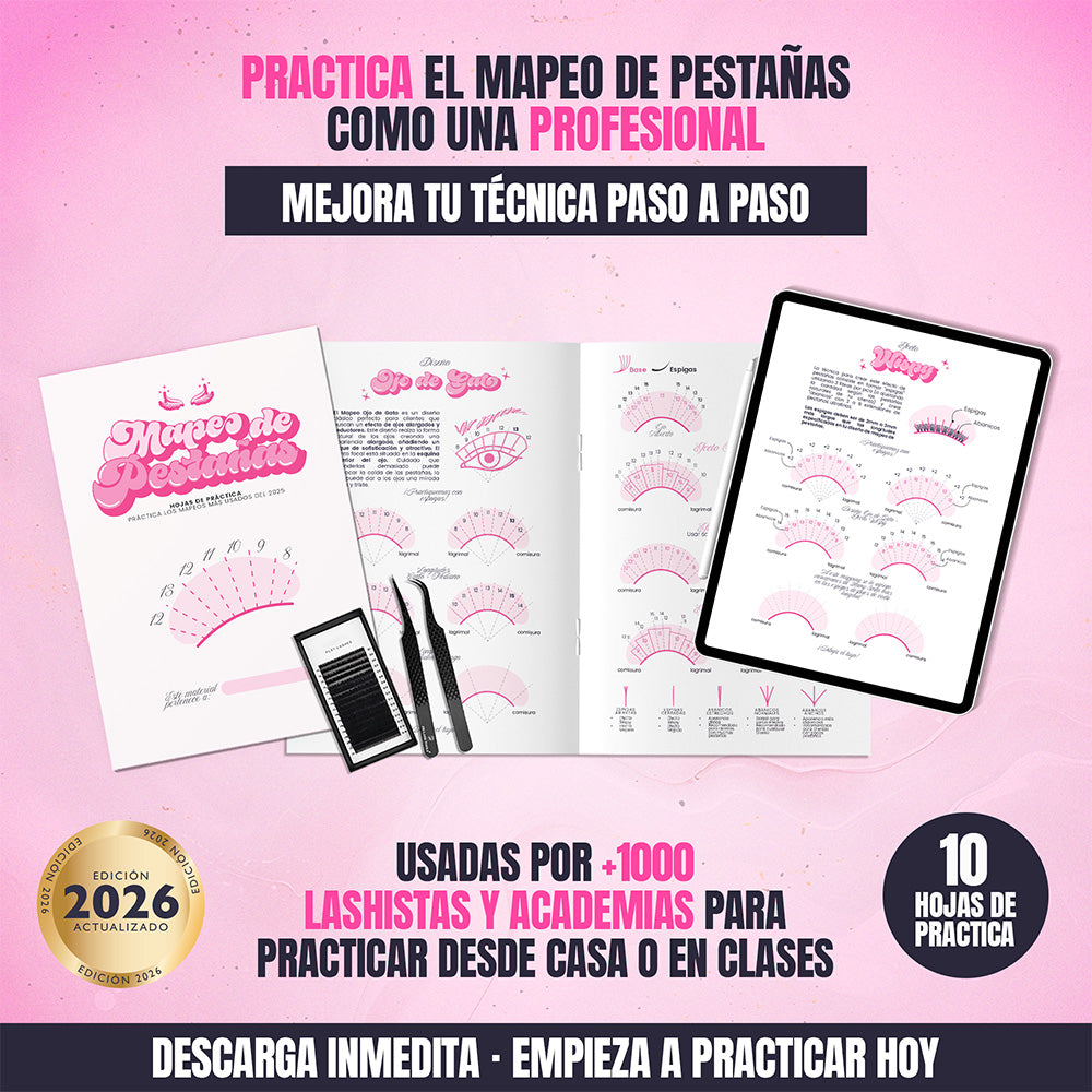 Hojas de práctica de mapeo de pestañas en PDF para principiantes con ejercicios de diseños, técnicas y efectos para aprender extensiones de pestañas