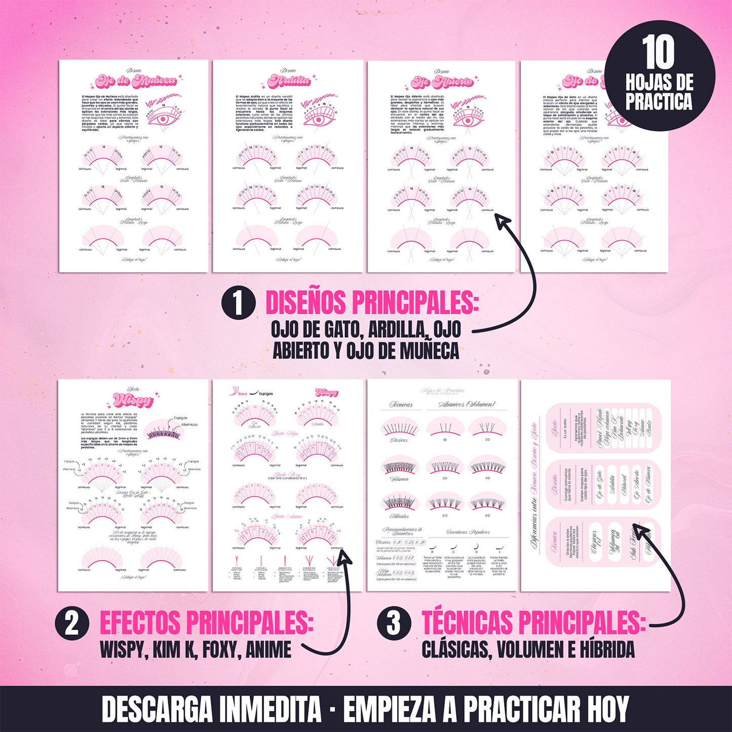 Hojas de práctica de mapeo de pestañas en PDF para principiantes con ejercicios de diseños, técnicas y efectos para aprender extensiones de pestañas