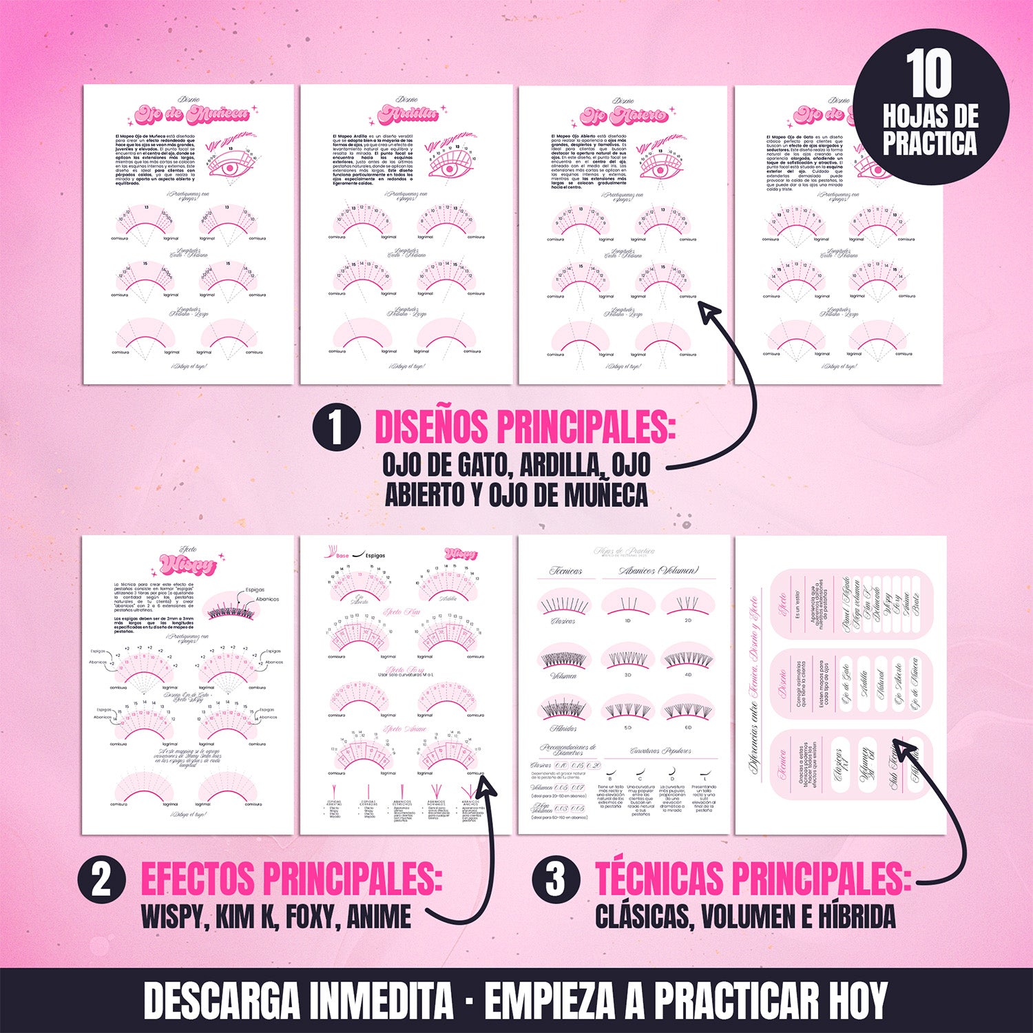 Hojas de práctica de mapeo de pestañas en PDF para principiantes con ejercicios de diseños, técnicas y efectos para aprender extensiones de pestañas