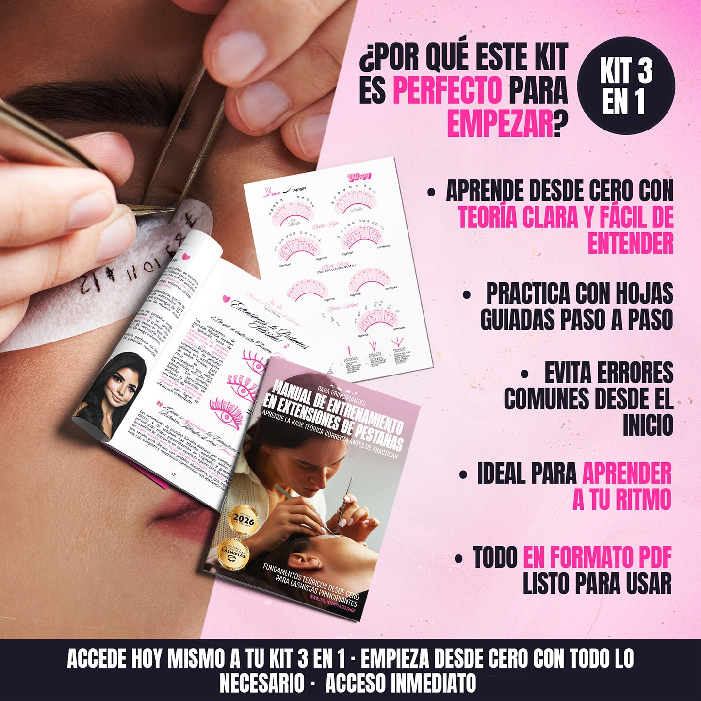 Kit completo de extensiones de pestañas para principiantes con manual de entrenamiento, hojas de práctica de mapeo y formularios profesionales en formato digital