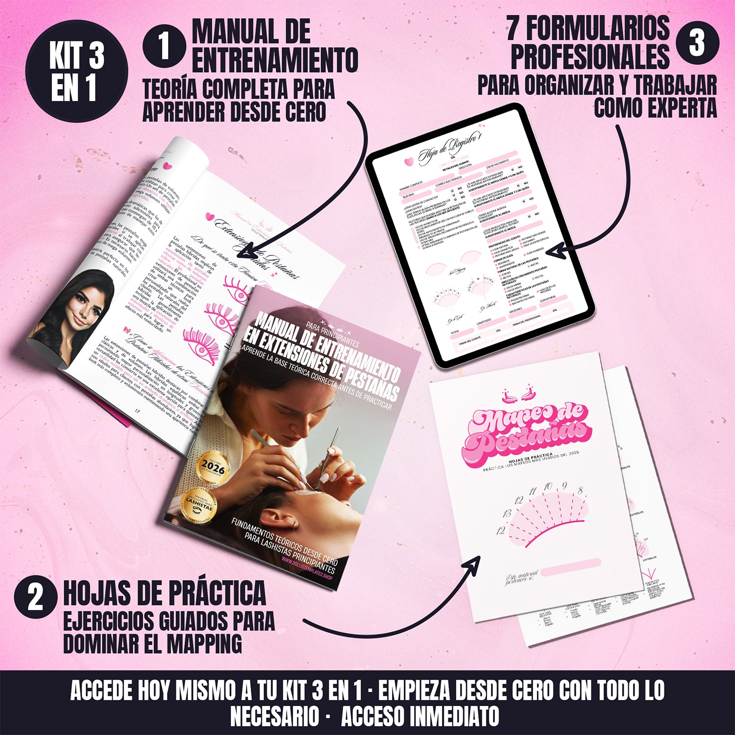 Kit completo de extensiones de pestañas para principiantes con manual de entrenamiento, hojas de práctica de mapeo y formularios profesionales en formato digital