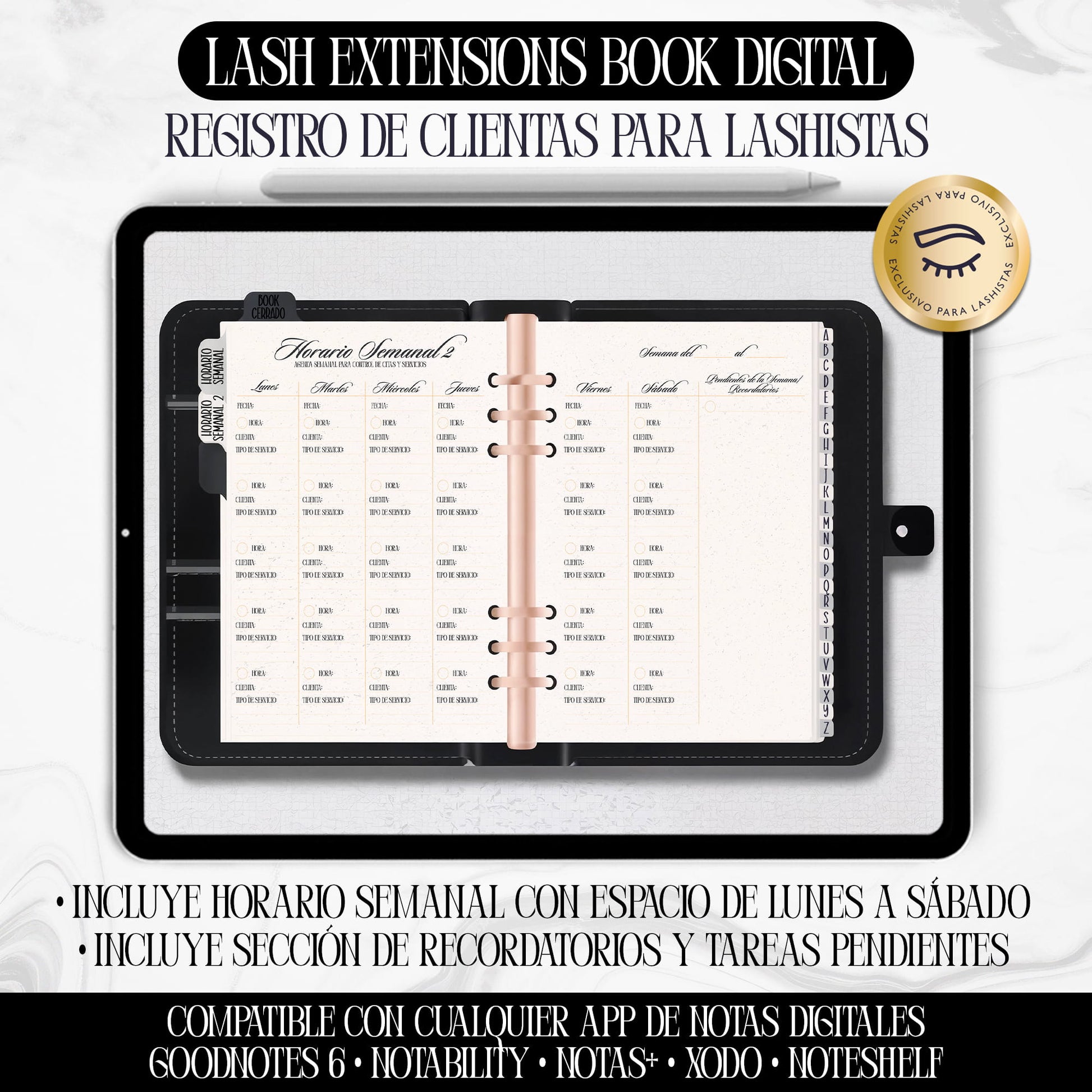 Libro digital para lashistas – Registro profesional de clientas en formato PDF interactivo, compatible con GoodNotes y Notability, diseño negro elegante de Dollis Templates.
