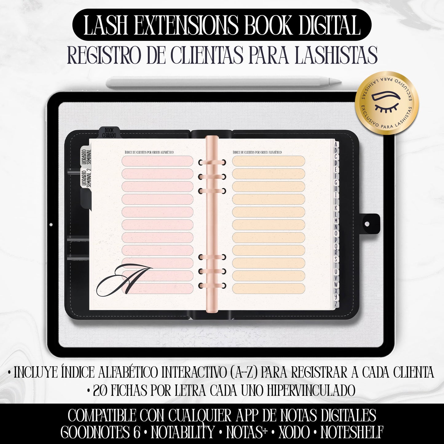 Libro digital para lashistas – Registro profesional de clientas en formato PDF interactivo, compatible con GoodNotes y Notability, diseño negro elegante de Dollis Templates.