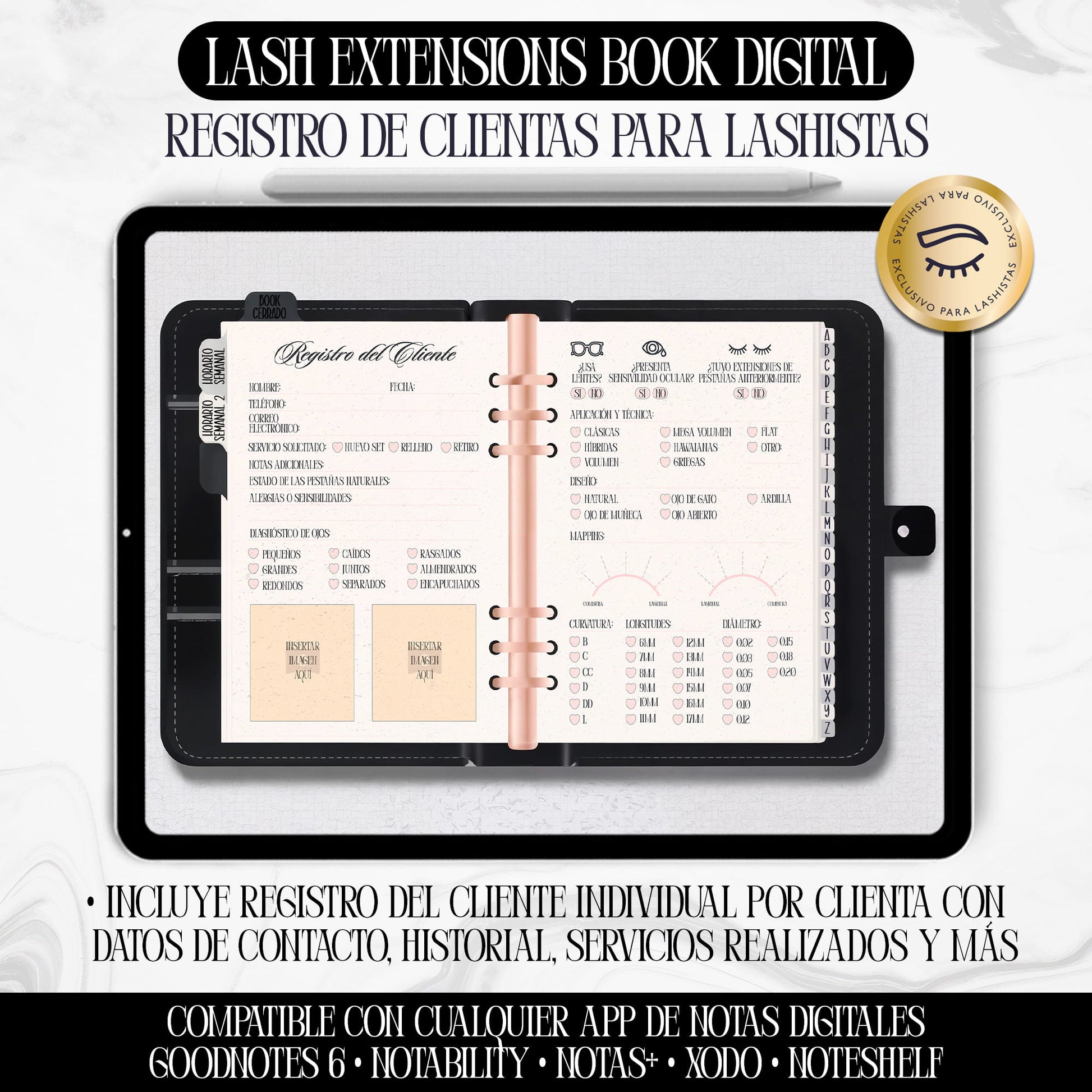 Libro digital para lashistas – Registro profesional de clientas en formato PDF interactivo, compatible con GoodNotes y Notability, diseño negro elegante de Dollis Templates.