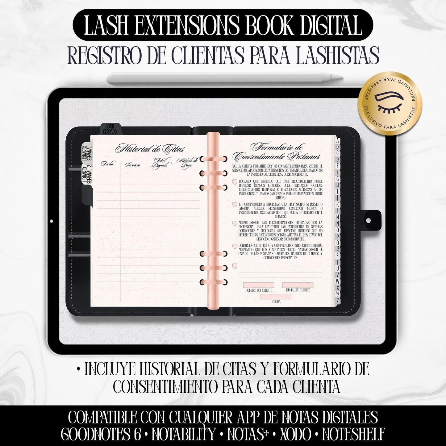 Libro digital para lashistas – Registro profesional de clientas en formato PDF interactivo, compatible con GoodNotes y Notability, diseño negro elegante de Dollis Templates.