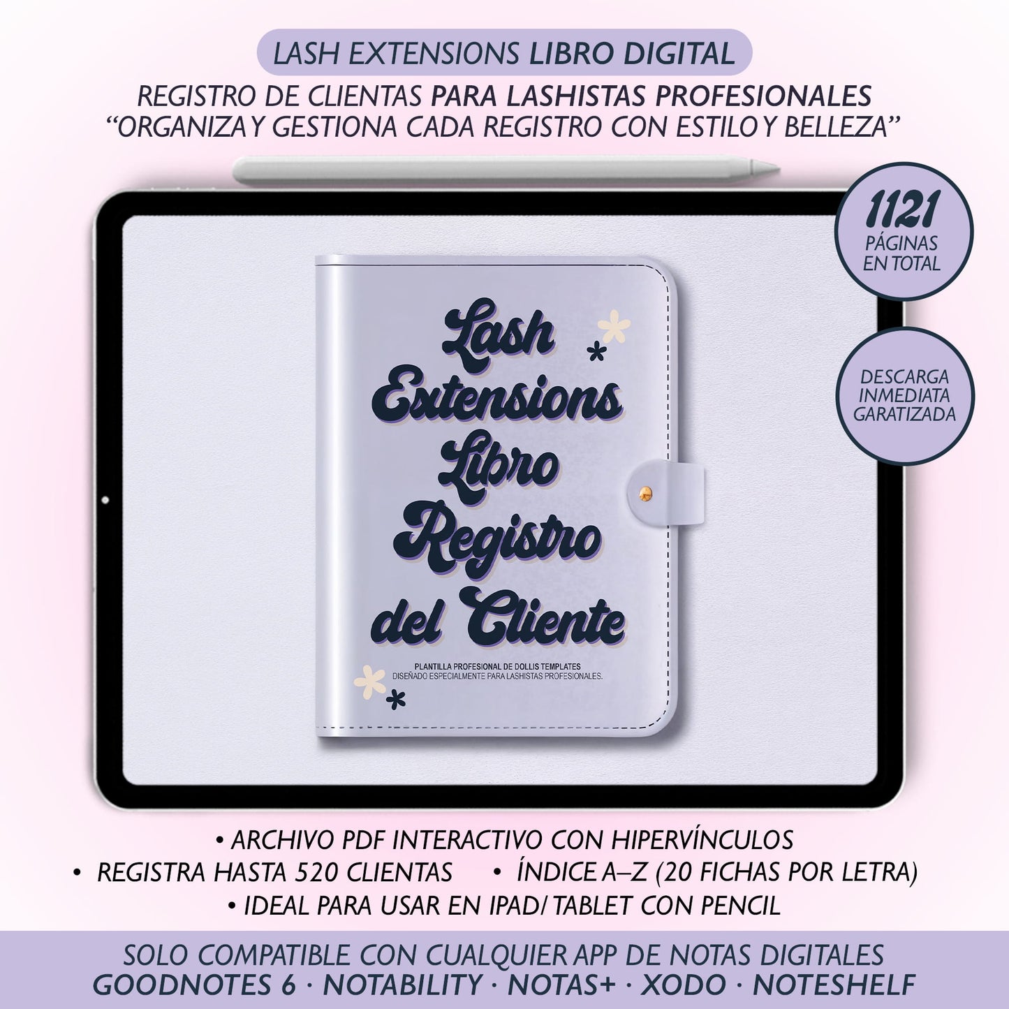 Libro digital Luxury para lashistas – Registro de clientas A-Z en PDF interactivo, diseño elegante compatible con GoodNotes y Notability.