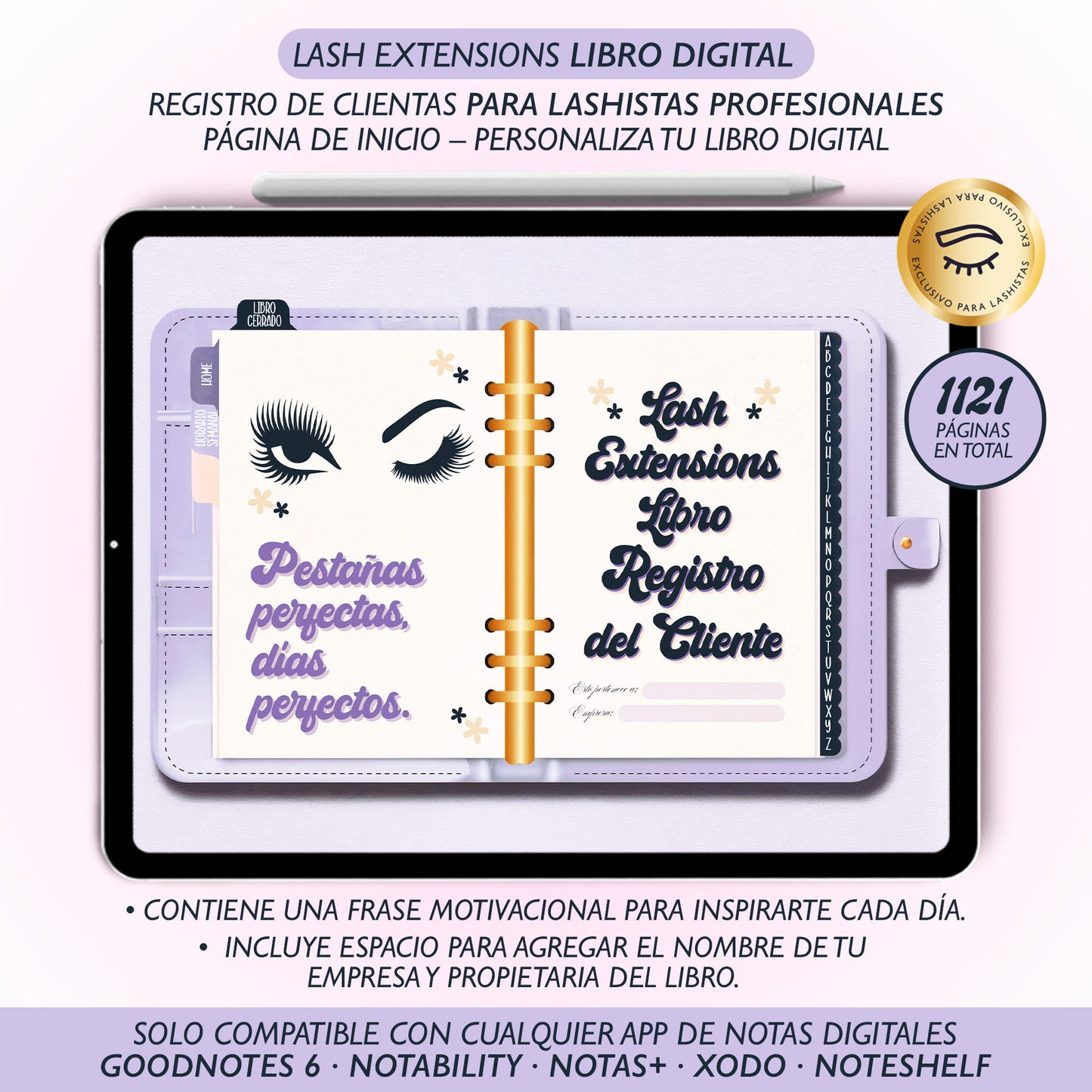 Libro digital Luxury para lashistas – Registro de clientas A-Z en PDF interactivo, diseño elegante compatible con GoodNotes y Notability.
