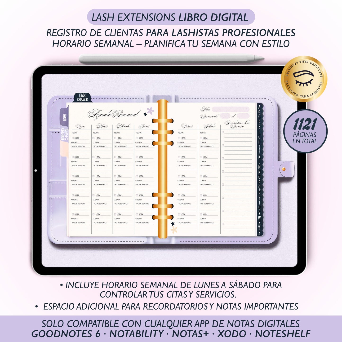 Libro digital Luxury para lashistas – Registro de clientas A-Z en PDF interactivo, diseño elegante compatible con GoodNotes y Notability.